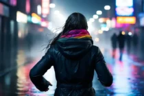 ID-1. Woman running through rain in city at night.