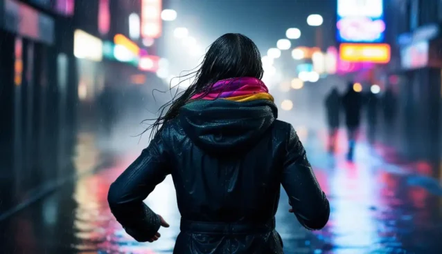 ID-1. Woman running through rain in city at night.