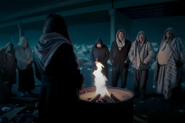 ID-3. Woman getting warm by a brazier among a group of homeless 'ghosts' beneath an overpass.