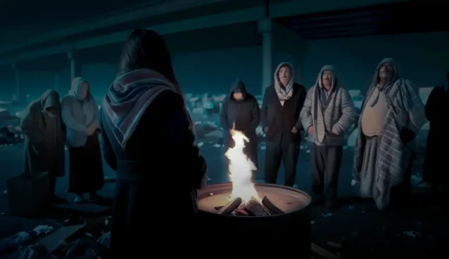 ID-3. Woman getting warm by a brazier among a group of homeless 'ghosts' beneath an overpass.